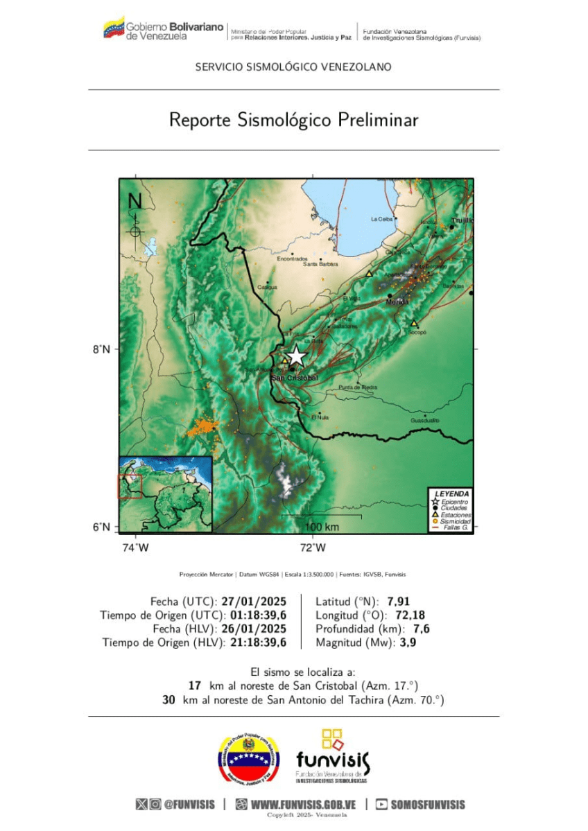Sismo de 3.9 grados se sintió este domingo a Táchira Sismo de 3.9 grados se sintió este domingo a Táchira