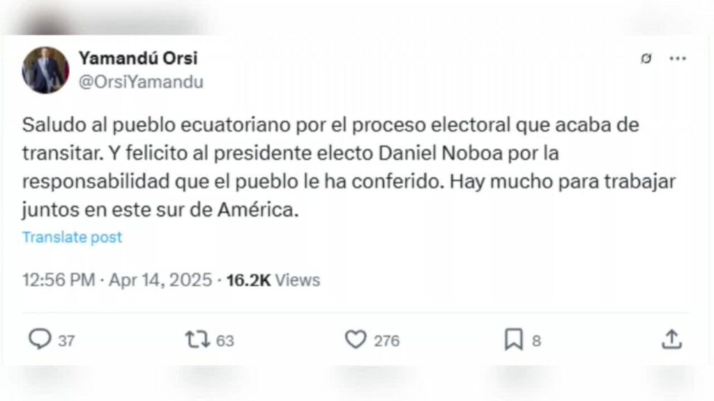 Orsi felicita a Noboa por su victoria en Ecuador: “Hay mucho por trabajar” Orsi felicita a Noboa por su victoria en Ecuador: “Hay mucho por trabajar”