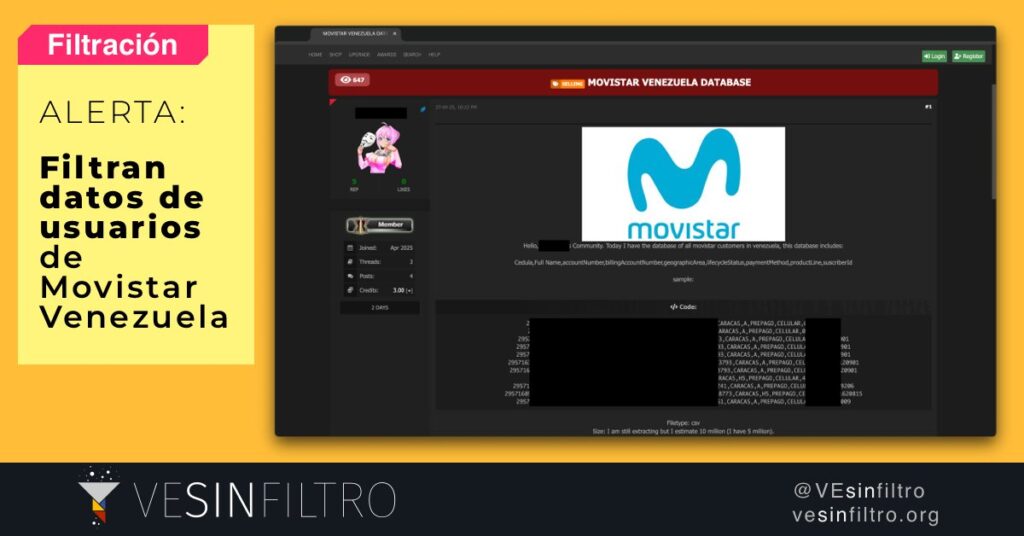 Venezuela Sin Filtro exige a Movistar aclarar filtración de datos de 3,2 millones de usuarios Venezuela Sin Filtro exige a Movistar aclarar filtración de datos de 3,2 millones de usuarios